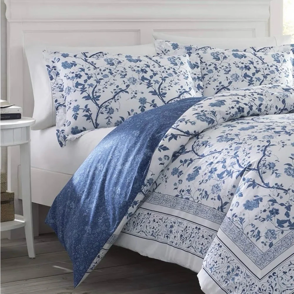 Laura Ashley Charlotte Blue Cotton Duvet Cover Set Blue - Queen- 3 Piece